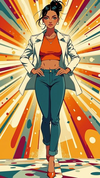 Уверенная дива в ярком образе с преувеличенными пропорциями и стильным нарядом. Изображение из нейронной сети Flux.1