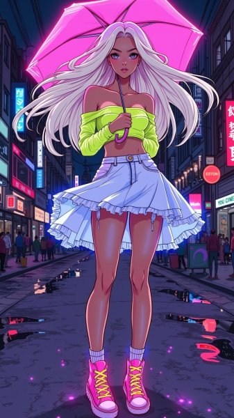 Неоновая ночь: уверенность и стиль городской блондинки. Картинка из нейросети Flux 1