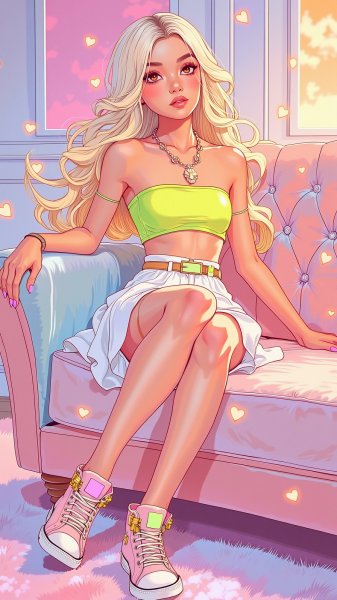 Блондинка в стиле гламур на бархатном диване. Изображение из нейросети Flux.1