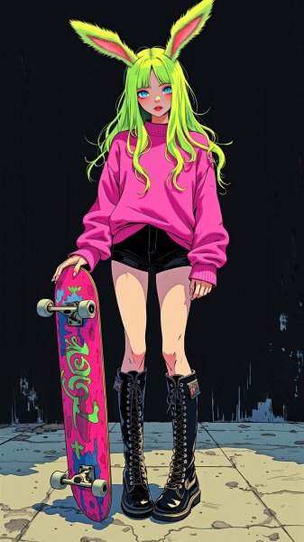 Неоновая бунтарка: Скейтборд и заячьи ушки в темном городе. Нейросеть Flux 1
