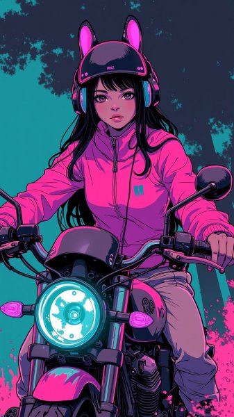 Мотоциклистка в неоновых красках: футуристичный портрет и драматичная поза. Изображение из нейронной сети Flux.1