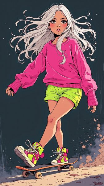 Девушка на скейте: неоновый стиль и бунтарский дух в черном пространстве. Генерация из нейросети Flux Ai