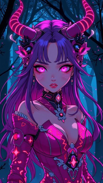Загадочная волшебница в неоновом лесу с пурпурными волосами и сияющим макияжем. Картинка из нейросети Flux.1