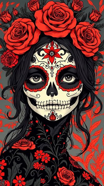 Мексиканская красотка в стиле готики и черепа. Картинка из нейронной сети Flux.1