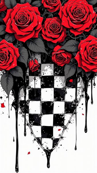 Чёрно-красный готический рисунок с розами и каплями. Нейросеть Flux
