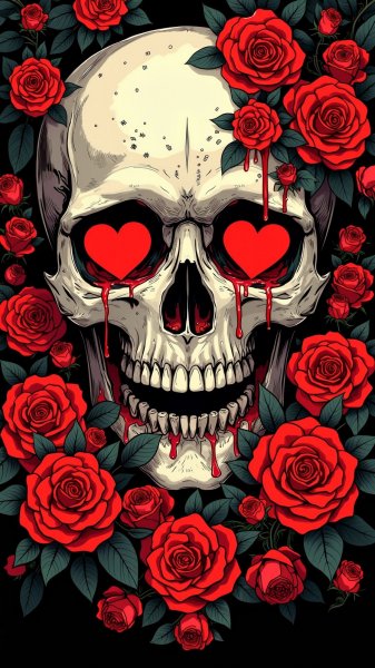 Скелет сквозь розы: готика и цифровое искусство с красными сердцами и черными слезами. Картинка из нейронной сети Flux Ai