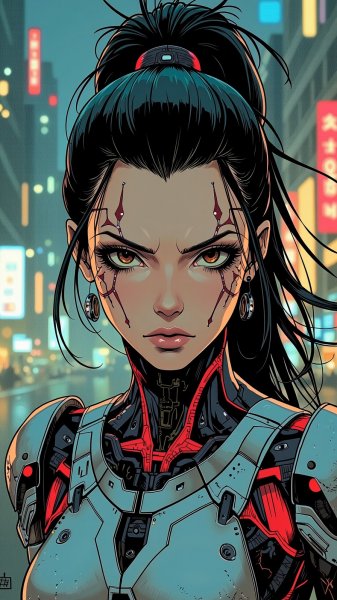 Киберпанк: футуристическая женщина в металлической броне под ночным городом. Нейронная сеть Flux