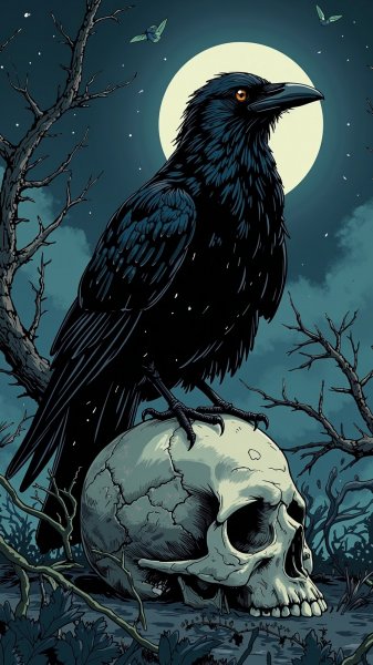 Ворон на черепе в туманной ночи: готическая гипердетализация. Генерация из нейронной сети Flux