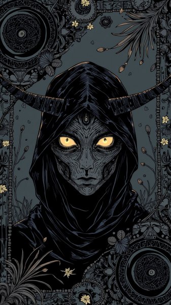 Таинственная фигура в черной вуали и светящихся глазах. Генерация из нейронной сети Flux.1