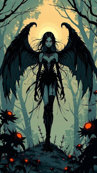 Мрачная фея в объятьях теней и шипов. Картинка из нейронной сети Flux Ai