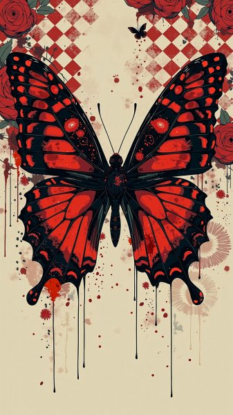 Готические бабочки: цифровое искусство в черном и красном цвете. Картинка из нейросети Flux Ai