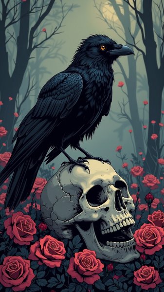 Таинственный ворон над мрачными розами и черепом. Нейросеть Flux 1