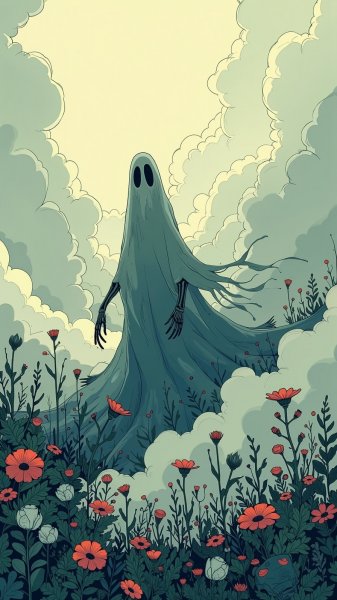 Призрачный призрак в тумане среди увядших цветов и скелетных рук. Изображение из нейронной сети Flux.1