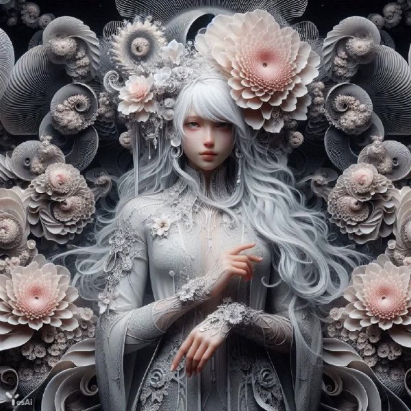 Серебряная тайна: Фрактальная девушка в тумане и цветочном серебре. Нейронная сеть Dalle 3