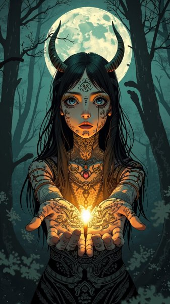 Таинственная провидица в лунном лесу с древними татуировками и зловещей мудростью. Картинка из нейронной сети Flux.1