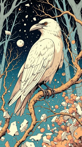 Белый ворон в хрустальном ландшафте: отражения прошлого и чувств. Изображение из нейронной сети Flux.1