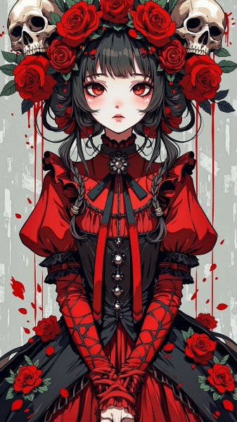 Роковая готика в красном и черном среди роз и черепов. Генерация из нейросети Flux 1