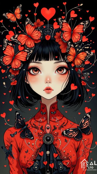 Ретро-современная девушка в мире красных сердец и черных бабочек: сюрреалистичная акварель. Генерация из нейросети Flux.1