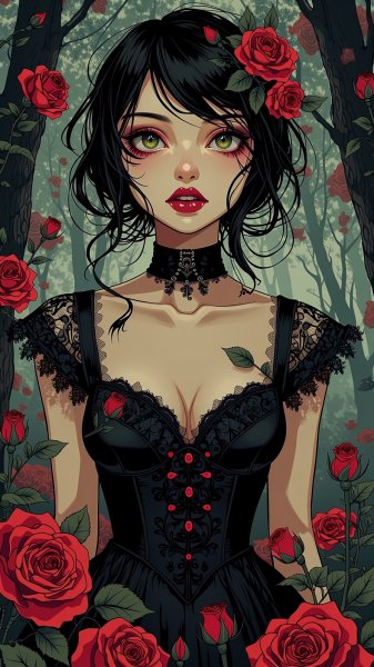 Загадочная готика: роза и туманный лес. Картинка из нейронной сети Flux Ai