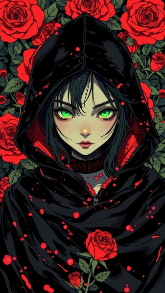 Таинственная девушка с изумрудным взглядом и тёмным плащом в стиле готики. Нейронная сеть Flux