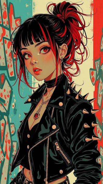 Яркая панк-девушка в сюрреалистичном мире неоновых огней и граффити. Генерация из нейронной сети Flux