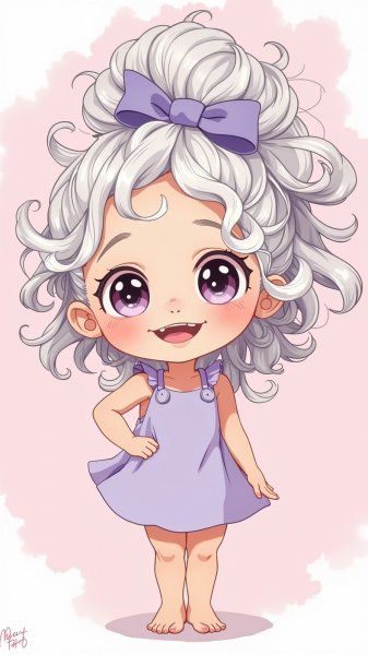 Нежная девушка с серебристыми кудрями в легком платье: игривый мультяшный персонаж. Нейросеть Flux 1