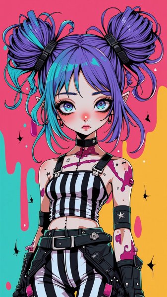 Яркая готика с фиолетовыми локонами и причудливым выражением лица в мультяшном стиле. Изображение из нейросети Flux 1