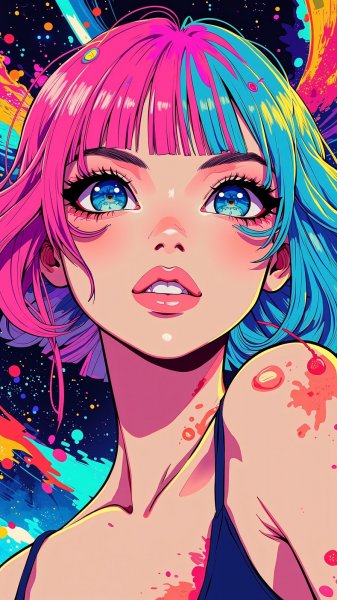 Яркая неоновая девушка в стиле мультфильма с розовыми и голубыми волосами. Картинка из нейронной сети Flux