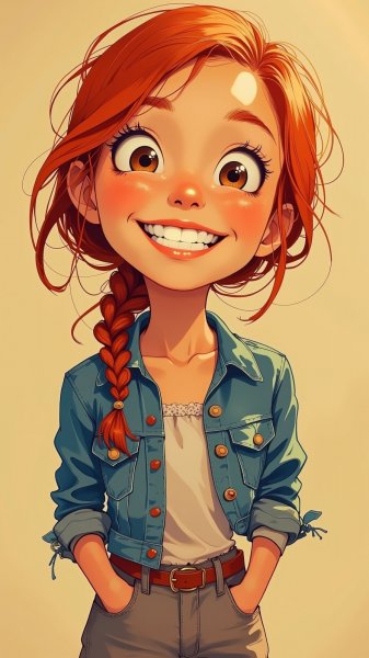 Ретро-девочка с улыбкой и косичками в стиле примитивизма. Картинка из нейросети Flux Ai