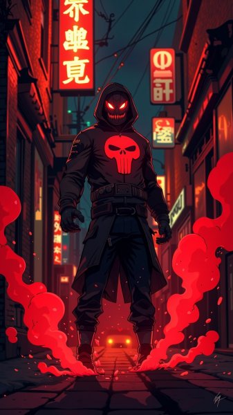 Тёмный переулок и зловещий персонаж с горящими глазами. Изображение из нейросети Flux.1