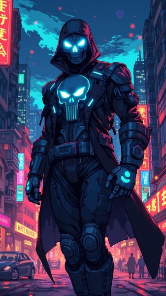 Ночной страж в неоновом городе: мрачный силуэт и светящаяся маска будущего. Нейронная сеть Flux 1