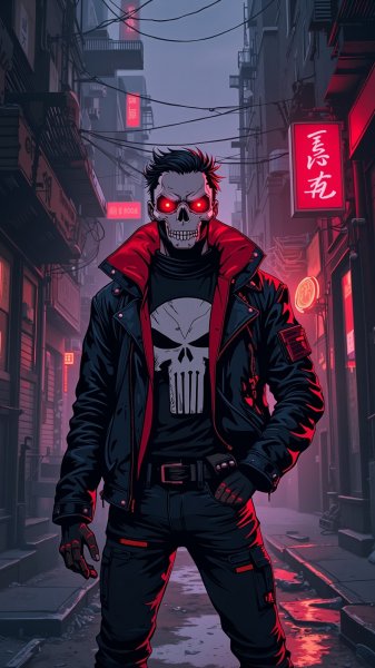 Тёмный мститель в кожаной куртке и жуткой маске в неоновом городе. Изображение из нейронной сети Flux 1
