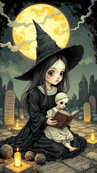 Заколдованная кукла в лунном склепе: жуткая иллюстрация старинной магии и тайн. Нейронная сеть Flux