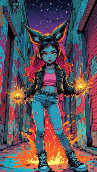 Городская вуду-кукла: защита в неоновом свете и граффити аллеи. Изображение из нейронной сети Flux.1