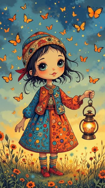 Волшебная кукла в сумеречном лугу: иллюстрация с таинственными символами и бабочками. Нейросеть Flux 1