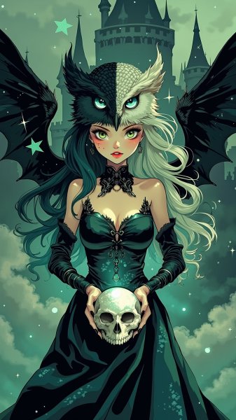 Загадочная вампирша в черном бархатном платье и туманном замке. Генерация из нейронной сети Flux.1