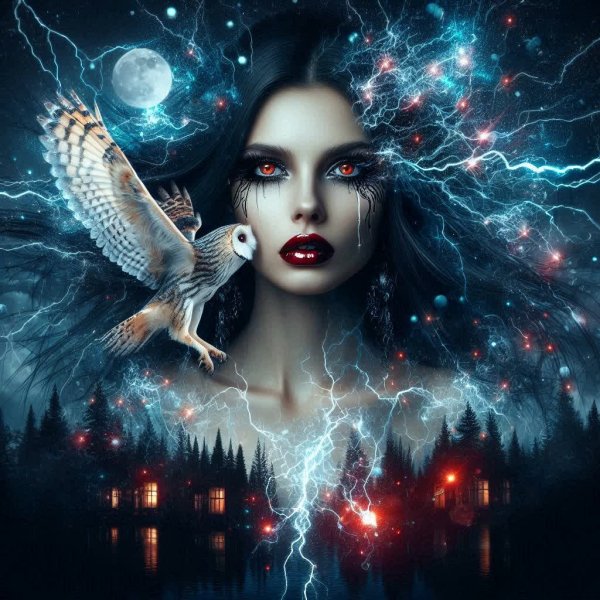 Загадочная двойная экспозиция: вампирша в ночном лесу с призраками и энергией. Нейросеть Dalle 3