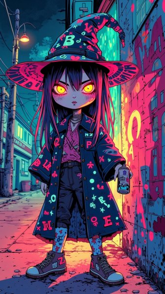 Городская ведьма и граффити: бунтарская магия неоновых рун в чернилах. Нейронная сеть Flux