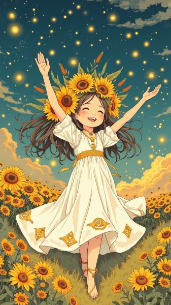 Праздник летней ночи с волшебной куклой и одуванчиками. Генерация из нейронной сети Flux