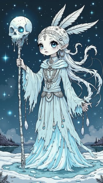 Ледяная кукла с кристальным посохом в таинственной ночи на замерзшем озере. Нейросеть Flux 1