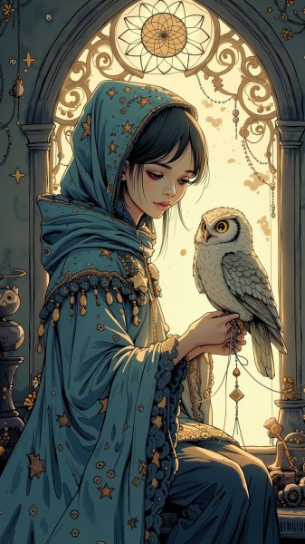 Загадочная кукла сновидений: девочка у окна и серебряные нити судьбы. Генерация из нейросети Flux.1