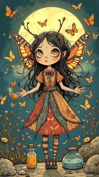 Заколдованная кукла ведьма с крыльями мотылька и волшебными порошками. Генерация из нейронной сети Flux 1