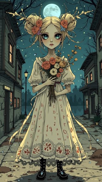 Заколдованная невеста в переулке лунного света с увядшими розами и светящимися рунами. Нейронная сеть Flux.1