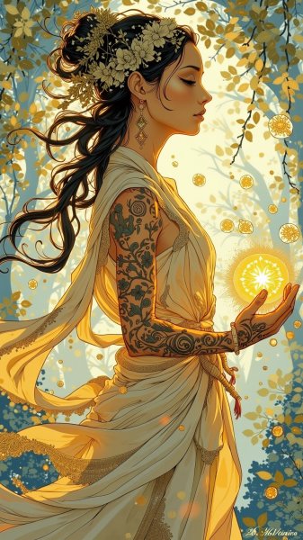 Жизнеплетница и магия природы: сияющие татуировки и светящиеся сферы. Генерация из нейронной сети Flux 1