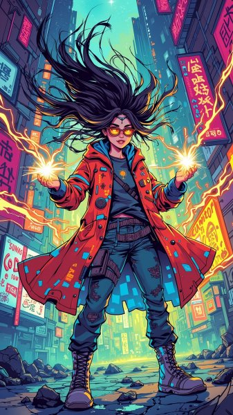 Неоновая колдунья: городская магия и цифровой вихрь. Нейросеть Flux Ai