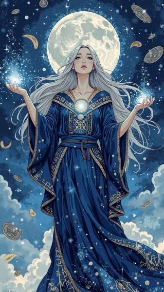 Лунный жрец: небесное призывание звёздной магии и сияние космоса в черном одеянии. Изображение из нейросети Flux 1