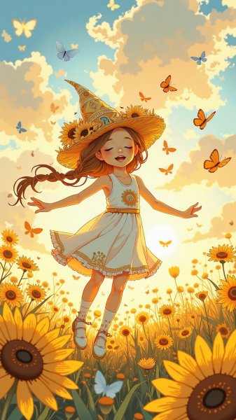 Веселая ведьма танцует на рассвете в солнечном лугу. Нейросеть Flux Ai