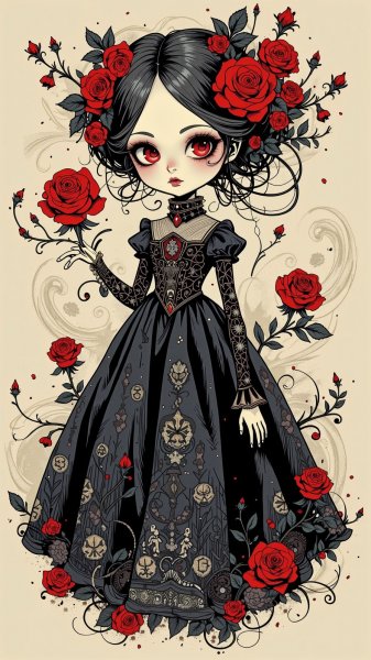 Таинственная кукла в готическом стиле: мрачная красота и завораживающие детали. Картинка из нейросети Flux Ai