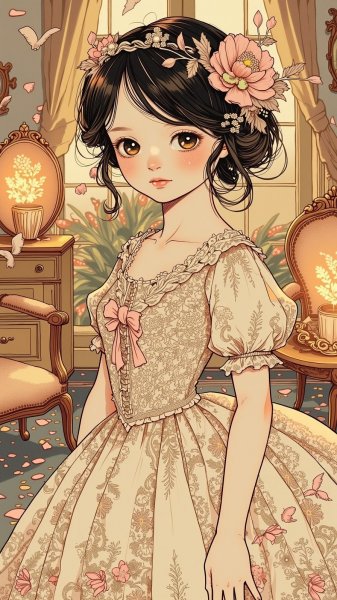 Старинная кукла в кружевах и цветах: нежная иллюстрация в стиле викторианской эпохи. Картинка из нейросети Flux Ai