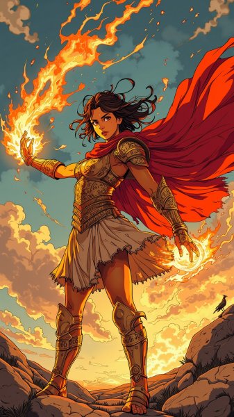 Древнегреческая воительница: пламя и древние руны. Изображение из нейронной сети Flux.1